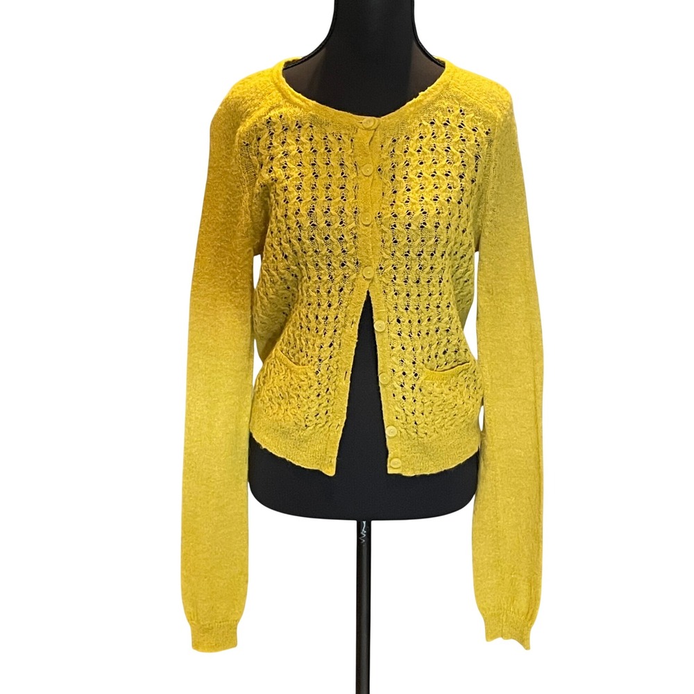 Guinevere Anthropologie Mustard Yellow Dainty Mohair Blend Pointelle Cardigan M